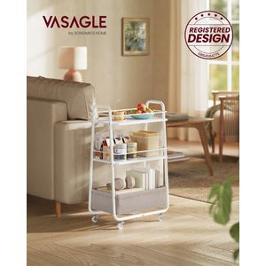 Carucior de depozitare cu 3 niveluri si cos textil Lilea, Vasagle, 43x30x81 cm, PAL/otel/poliester, alb cloud/camel imagine