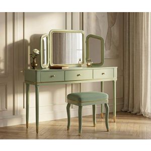 Masa de toaleta / masuta dressing cu oglinda si taburet, Mauro Ferretti, Camille, 120x37x79 cm, lemn de pin/fier/poliester, verde/auriu imagine