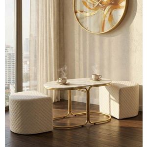 Set masuta de cafea si 2 taburete, Mauro Ferretti, Relax, 79x45x44 cm, lemn de pin/poliester, alb/auriu imagine