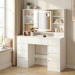 Masa de toaleta cu oglinda LED Kailyn, Vasagle, 110x40x141.5 cm, PAL/MDF, alb cloud imagine