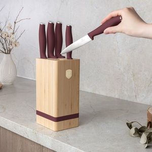 Set 5 cutite cu suport patrat Berlinger Haus, Leonardo, inox/bambus, visiniu mat/natur imagine