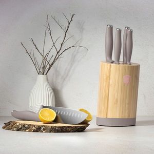 Set 5 cutite cu suport rotund Berlinger Haus, Taupe, inox/bambus, taupe mat/natur imagine