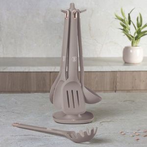 Set 5 ustensile de bucatarie cu suport, Berlinger Haus, Taupe, nailon/plastic, taupe mat imagine