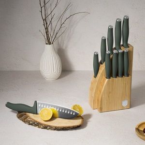 Set 9 cutite cu suport Berlinger Haus, Matte Green, inox/bambus, verde mat/natur imagine