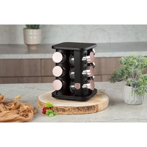 Set 12 recipiente pentru condimente si suport Berlinger Haus, Black Rose, 18x21.5 cm, 90 ml, sticla, negru/roz imagine
