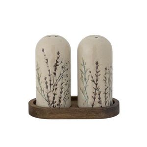 Set solnita si pipernita in suport, Bloomingville, Bea, 12.5x5.5x11 cm, 50 ml, ceramica/lemn de salcam, natural imagine