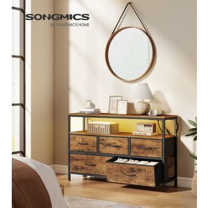 Comoda cu 5 sertare si iluminare LED, Songmics, priza integrata, 98.7x30x68.1 cm, maro rustic/negru imagine