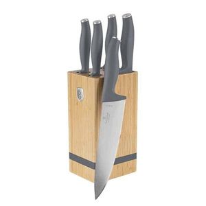 Set 5 cutite cu suport patrat Berlinger Haus, Aspen, inox/bambus, gri mat/natur imagine