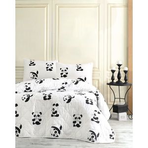 Set cuvertura matlasata dubla King (FR), 3 piese, L'essentiel Maison, Panda, 65% bumbac/35% poliester, Alb/Negru imagine
