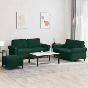 vidaXL Set de canapele cu perne, 3 piese, verde închis, catifea imagine