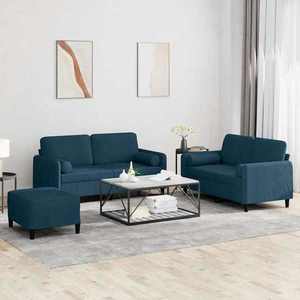 vidaXL Set de canapele cu perne, 3 piese, albastru, catifea imagine