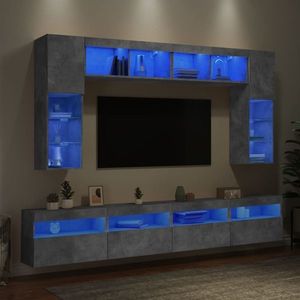 vidaXL Set comode TV de perete cu lumini LED, 8 piese, gri beton imagine
