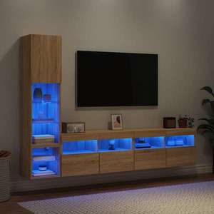 vidaXL Unități de perete TV cu LED-uri, 4 piese, stejar sonoma, lemn imagine
