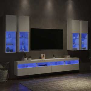 vidaXL Set comode TV de perete, 7 piese, cu lumini LED, alb imagine