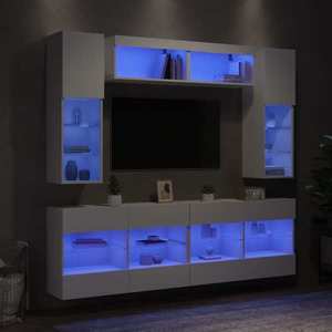 vidaXL Set comode TV de perete, 6 piese, cu lumini LED, alb imagine