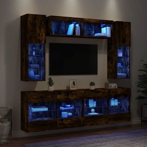 vidaXL Comode TV de perete cu lumini LED, 6 piese, stejar fumuriu imagine