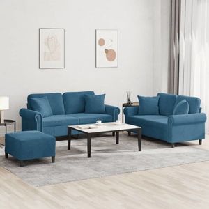 vidaXL Set de canapele cu perne, 3 piese, albastru, catifea imagine
