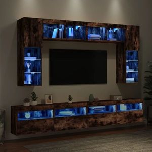 vidaXL Comode TV de perete cu lumini LED, 8 piese, stejar fumuriu imagine