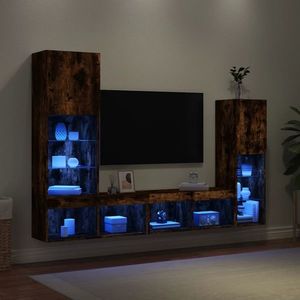 vidaXL Unități de perete TV cu LED-uri, 4 piese, stejar fumuriu, lemn imagine