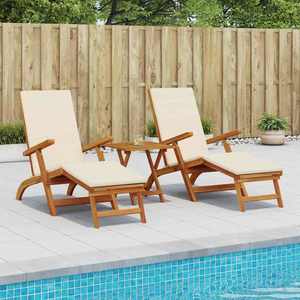 vidaXL Șezlong pliabil și culisant 3 pcs Alb crem Lemn Solid de Acacia imagine