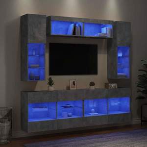 vidaXL Set comode TV de perete cu lumini LED, 6 piese, gri beton imagine