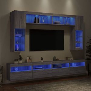 vidaXL Comode TV de perete cu lumini LED, 8 piese, gri sonoma imagine