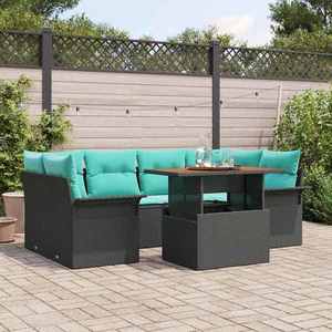 vidaXL Set de canapele pentru grădină cu pernă 7 pcs Negru și albastru imagine