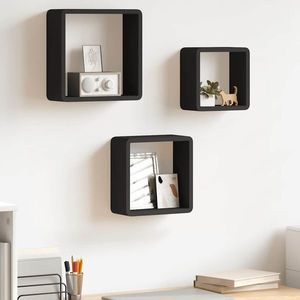 vidaXL Rafturi de perete cub, 3 buc., negru, MDF imagine