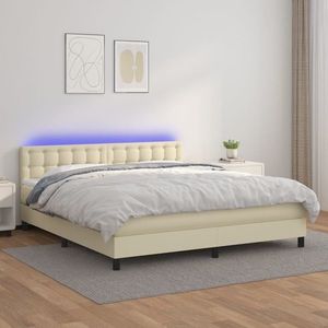 vidaXL Pat cu arcuri, saltea și LED, crem, 160x200 cm, piele ecologică imagine