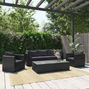 vidaXL Set mobilier de exterior, 7 piese, negru, poliratan și sticlă imagine