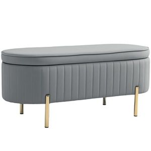 HOMCOM Bancă de Depozitare pentru Intrare Ovală 72L cu Design Scanalat, Capac Ridicabil și Șezut Capitonat, Bancă de la Capătul Patului Pouf în Catifea și Picioare de Lemn de Pin, 108x44x43.5 cm, Gri | Aosom Romania imagine