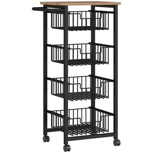HOMCOM Cărucior de Bucătărie cu 4 Coșuri Detașabile, Roți și Frâne, Oțel și Lemn, 49.5x31x91 cm, Stejar | Aosom Romania imagine