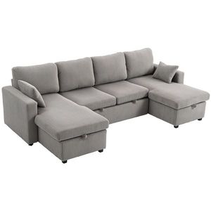 HOMCOM Canapea Extensibilă Modernă în Formă de U și Spații de Depozitare, Catifea Reiată, 282x140x86 cm, Gri | Aosom Romania imagine