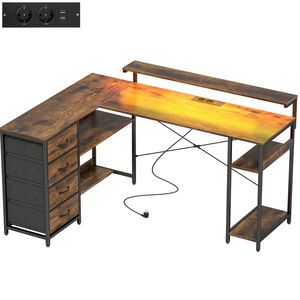 HOMCOM Birou de gaming în formă de L cu priză integrată, iluminare LED, 4 sertare, suport monitor 155x110x91, 4 cm Maro | Aosom Romania imagine