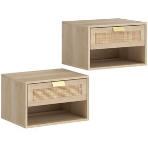 HOMCOM Set de 2 Noptiere Suspendate cu Sertar din Ratan Raft Deschis Economisire Spațiu 40x30x25 cm Stejar | Aosom Romania imagine