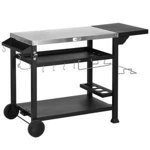 Outsunny Carucior Masa pentru Gratar cu Masa Laterala Pliabila, Blat din Otel Inoxidabil, Carucior Portabil pentru Gratar cu 2 Roti, 6 Carlige imagine