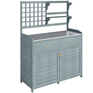 Outsunny Masă de plantat cu dulap inferior pentru exterior, dulap de grădină din lemn cu blat galvanizat, 2 sertare 104x44x140 cm Gri deschis | Aosom Romania imagine