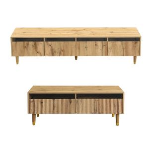 Set mobilier LED modern, comodă TV cu 4 uși & masă de cafea cu 2 sertare, 178x35x45+110x50x40 cm, Culoare naturală imagine