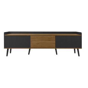 Comodă TV cu 3 uși, picioare din lemn și margine înaltă, 160x39x49, 5 cm, Culoare naturală+Negru imagine