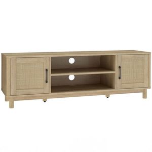 HOMCOM Comodă TV 135 cm, mobilier TV pentru televizor până la 165, 1 cm cu 2 uși din ratan, 2 compartimente deschise, stejar | Aosom Romania imagine