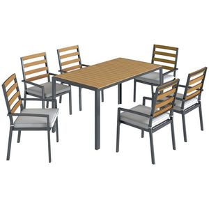 Outsunny Set mobilier grădină 7 piese, set cu 1 masă de dining, 6 scaune, perne, pentru terasă, lemn natural | Aosom Romania imagine