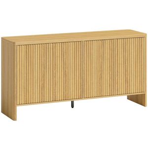 HOMCOM Bufet living, mobilier de depozitare cu 4 uși canelate, raft reglabil, deschidere prin apăsare, 147x40x77cm, stejar | Aosom Romania imagine