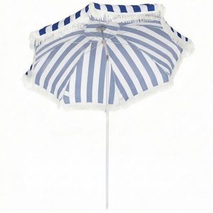 Outsunny Umbrelă de Plajă cu Franjuri Ø180 cm Umbrelă pentru Terasă Exterioară cu Înălțime Reglabilă Înclinare 30° Albastru și Alb | Aosom Romania imagine
