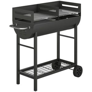 Outsunny Grătar pe cărbune cărucior cu 2 zone de gătit grilă reglabilă pe înălțime raft pentru lemne roți mâner lateral, 103 x 46, 5 x 100cm | Aosom Romania imagine