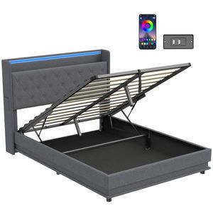 HOMCOM Pat cu depozitare 140x190cm iluminare LED și stație de încărcare cadru pat dublu tapițat in depozitare hidraulică gri | Aosom Romania imagine