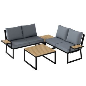 Outsunny Set mobilier de grădină în formă L, cadru metalic, pentru 4 persoane, lounge cu canapea 2 locuri și perne, 2 măsuțe suprapuse, Teak | Aosom Romania imagine