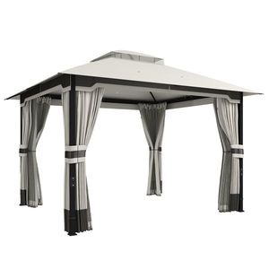 Outsunny Cort pentru Grădină cu Acoperiș Dublu Foișor cu 4 Pereți și Plasă Anti-Țânțari pentru Exterior Terasă 360x300x279 cm Gri Deschis | Aosom Romania imagine