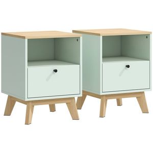 HOMCOM Set de 2 noptiere, noptiere cu sertar și compartiment deschis, 40 x 40 x 55 cm, stejar și verde deschis | Aosom Romania imagine