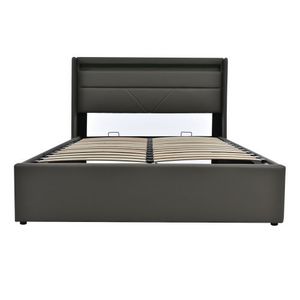 Pat dublu cu ladă de depozitare, cu LED și telecomandă, structură tapițată 140x200 cm, Gri imagine