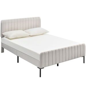 Pat dublu tapițat din țesătură de in 160x200 cm, cu tăblie reglabilă și somieră cu lamele, fără saltea, Gri+Bej imagine